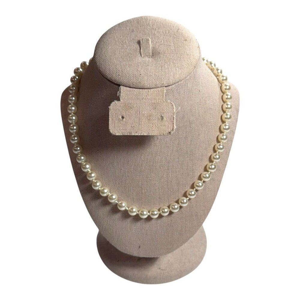 Vintage Faux Pearl Necklace Gold-Tone Filigree Clasp 16" Classic Strand Women